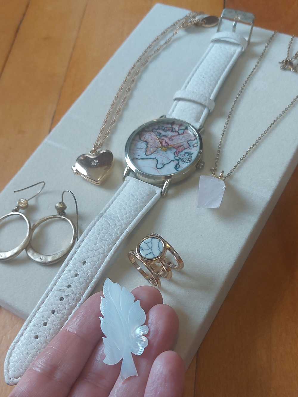 Vintage Travel Jewelry Lot - Map Watch, Lia Sophia Earrings, MOP Brooch 6pc